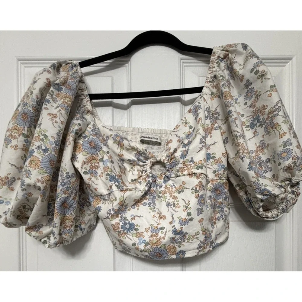 Abercrombie & Fitch Puff Sleeve Poplin O-Ring Cropped Floral Top XS - Picture 1 of 8